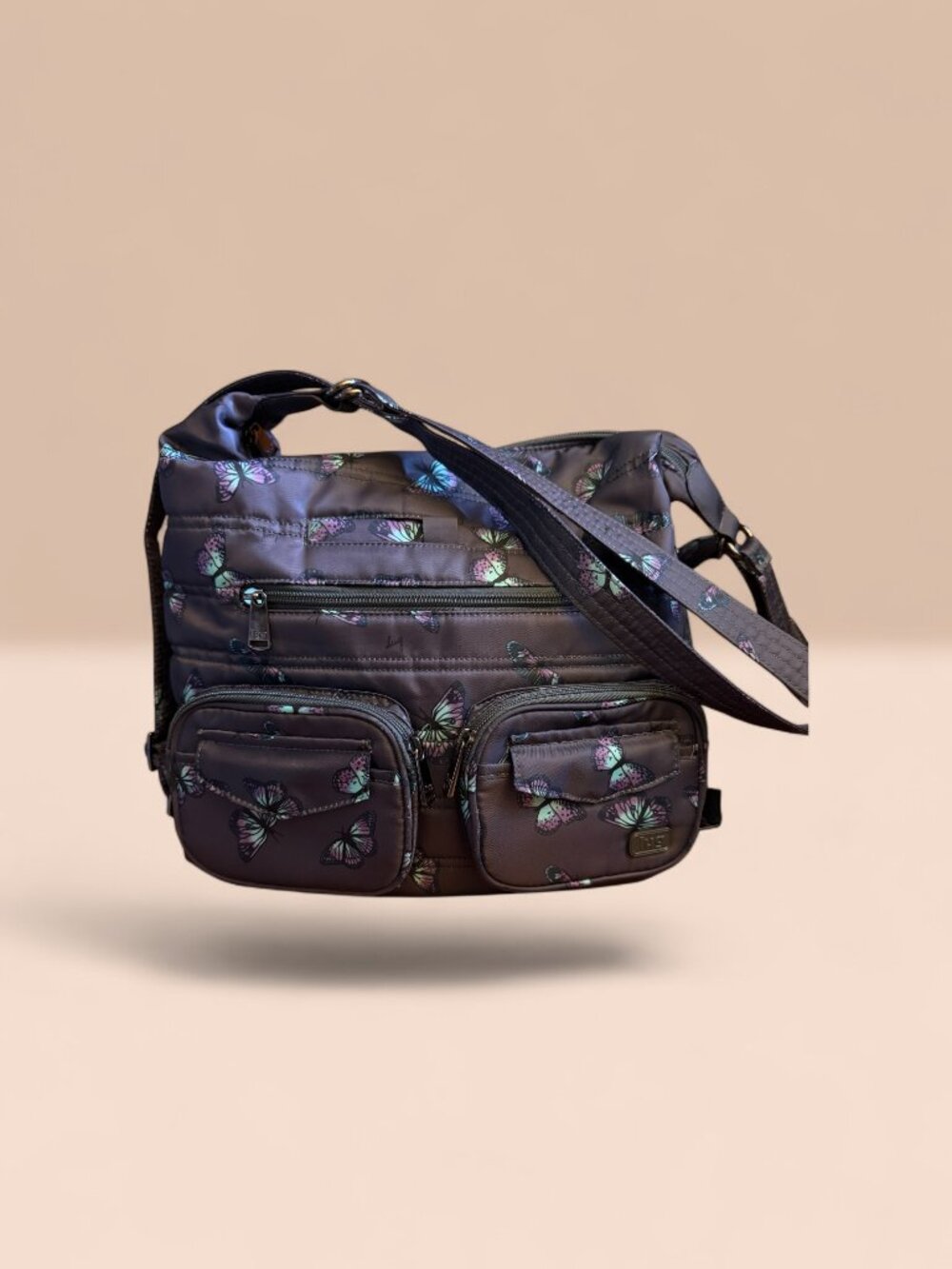 Lug Zipliner 2 Convertible Hobo Bag Gray w/Pink & Blue Butterfly Print